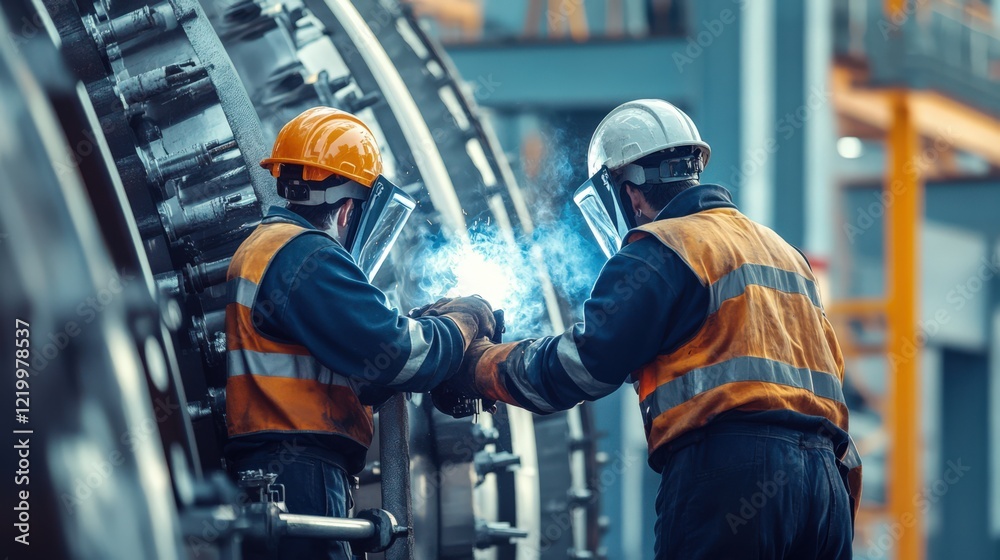 Two men in orange and blue safety gear are working on a machine Two men in orange and blue safety gear are working on a machine