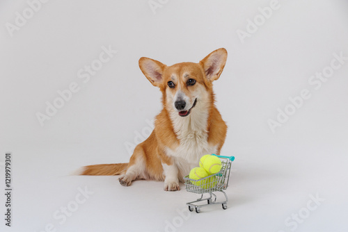 Corgi dog with tennis balls in a shopping cart, ready for a playful game photo