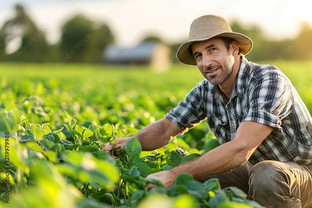 Farmer checking crops in sunny soybean field with barn Farmer checking crops in sunny soybean field with barn