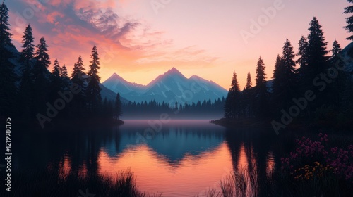 Serene Mountain Lake Sunset Landscape with Pink and Orange Hues photo