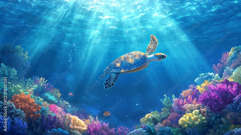 Obraz premium A close-up of an underwater scene with coral reefs and sea turtles, captured in high definition photography style.