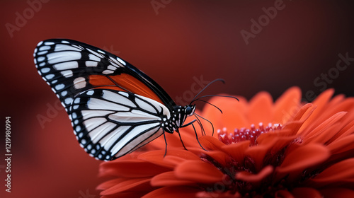 Graceful Monarch butterfly resting delicately on a vibrant red flower against an artistic blurred background, symbolizing beauty and nature's harmony.