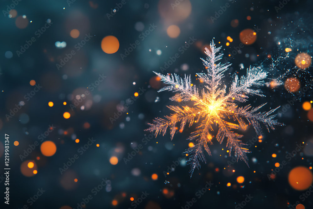 Obraz premium Star-Shaped Ice Crystal Shimmering with Golden Glow and Frosty Textures