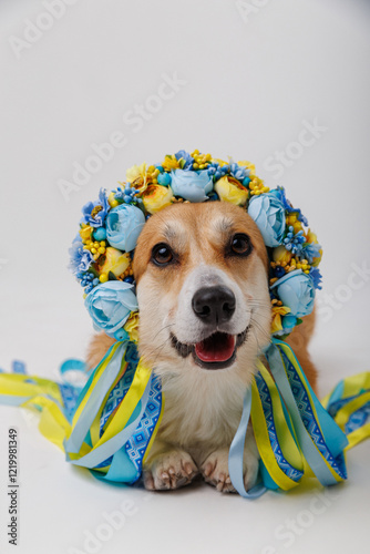 Corgi dog in traditional Ukrainian floral wreath with colorful ribbons, happy pet photo