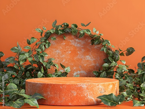 Orange Textured Platform with Green Foliage photo