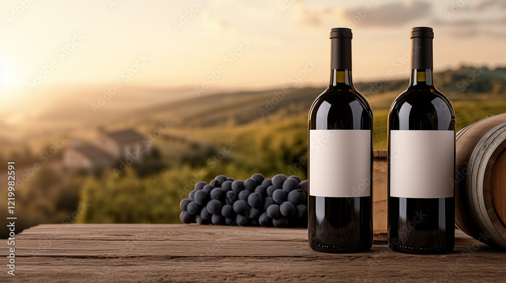 Fototapeta premium Elegant wine bottles with blank labels placed beside fresh grapes on a rustic wooden table, set against a picturesque vineyard during sunset.