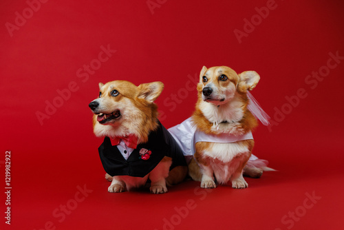 Elegant corgi couple in wedding attire, spreading love and charm with a red festive backdrop