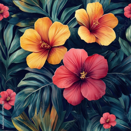 Wallpaper Mural Seamless Tropical Floral Pattern Watercolor Illustration Linear Design Beautiful Flowers on Dark Background Torontodigital.ca