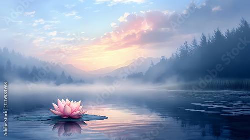 The quiet dawn is cloaked in mist over a serene landscape, where a lone lotus flower opens, symbolizing the expansion of higher awareness within inner silence. Eternal Dawn. Illustration
