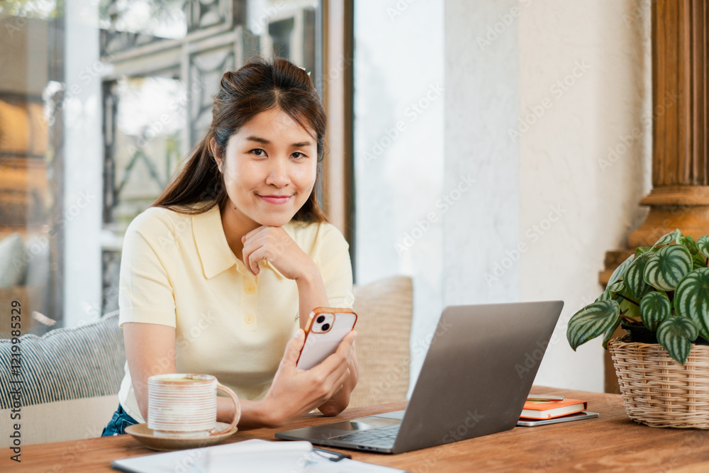Young woman enjoying coffee while working on a laptop and smartphone in a cozy cafe environment. Young woman enjoying coffee while working on a laptop and smartphone in a cozy cafe environment.