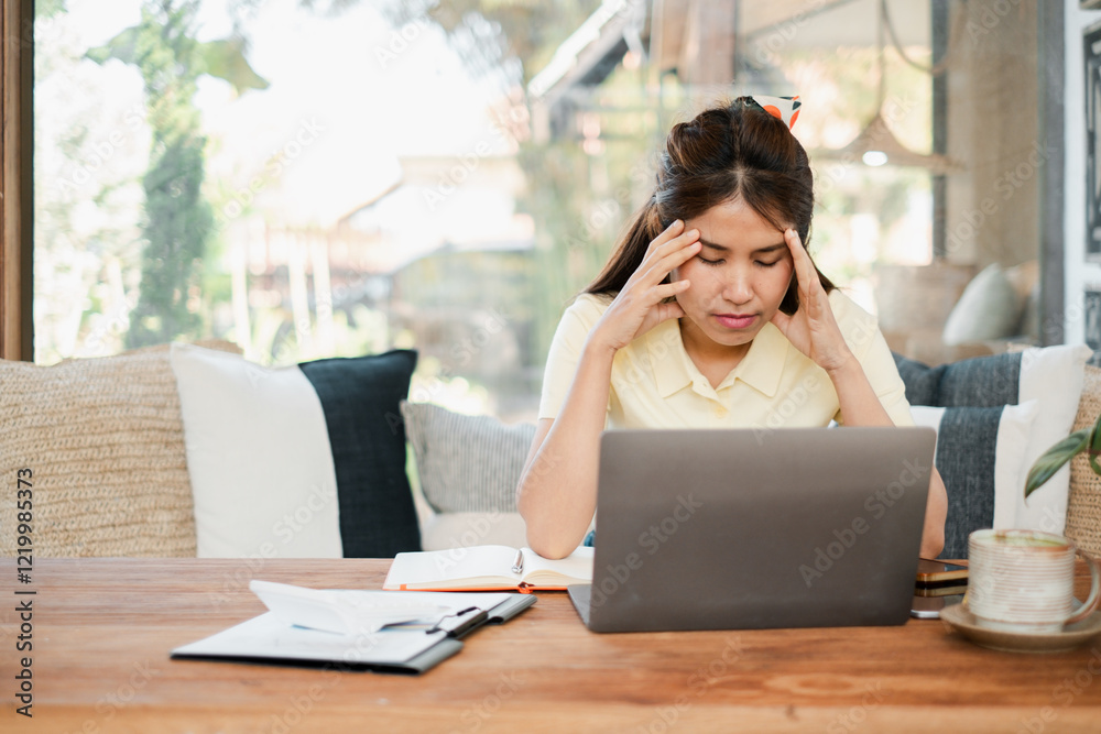 Young woman feeling stressed while working on a laptop at home, surrounded by documents and a notebook in a cozy living room setting. Young woman feeling stressed while working on a laptop at home, surrounded by documents and a notebook in a cozy living room setting.