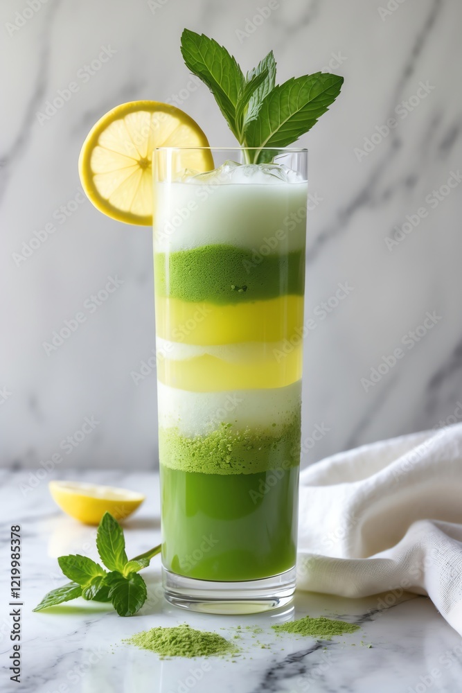 Fototapeta premium A vibrant layered drink with lemon and mint, showcasing a refreshing beverage presentation.