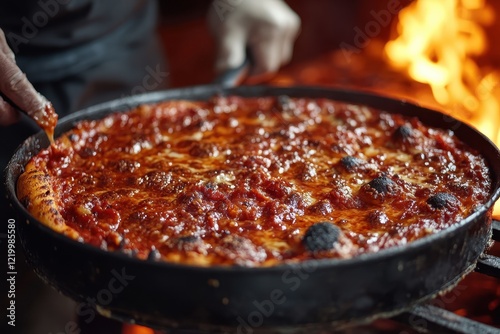 A delicious, deep-dish pizza with melted cheese and rich tomato sauce, freshly baked. Perfect for illustrating articles about food, Chicago cuisine, or pizza recipes. photo