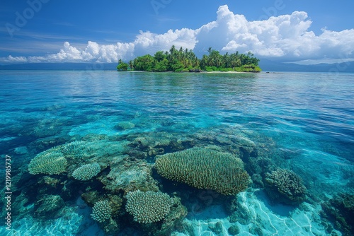 Serene Volcanic Island in Crystal Clear Blue Waters surrounded by Nature's Majesty and Tranquility