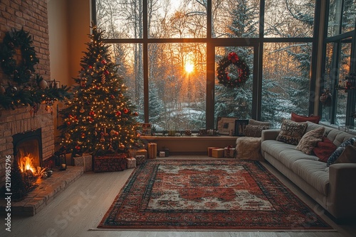 Christmas Living Room with Tree Cozy Chair and Natural Decor for Holiday Gatherings photo