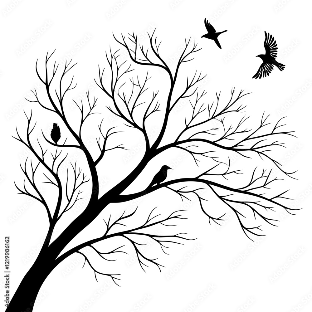 Tree branch silhouette with birds vector illustration.
Tree branch silhouette with birds vector illustration.