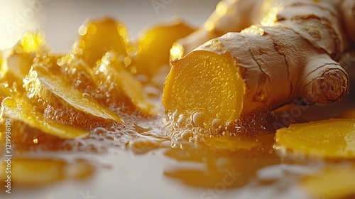 Ginger root steeping, hot water, kitchen, bubbles, health drink photo