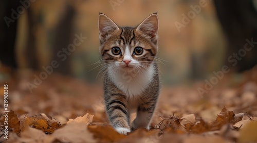 Kitten walking autumn leaves forest path