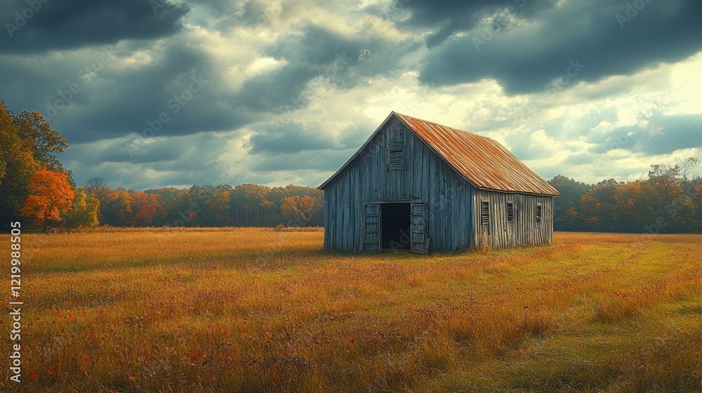 Weathered barn in overgrown field under dramatic cloudy skies showcasing rural charm and decay Weathered barn in overgrown field under dramatic cloudy skies showcasing rural charm and decay