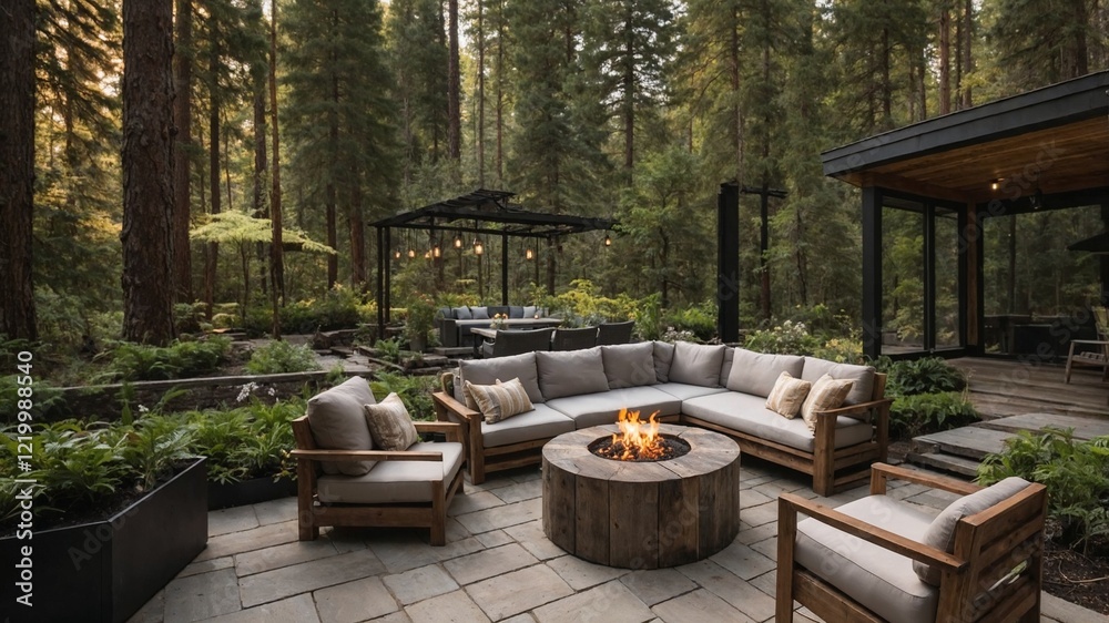 Backyard with fire pit in the woods. Generative AI. Backyard with fire pit in the woods. Generative AI.