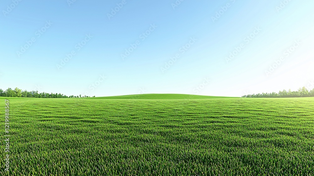Naklejka premium Green grass field under a clear blue sky with trees in background for nature themes