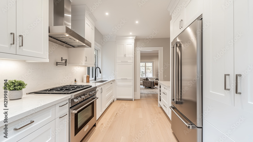 Fototapeta premium Bright Modern Kitchen with White Cabinets and Stainless Steel Appliances