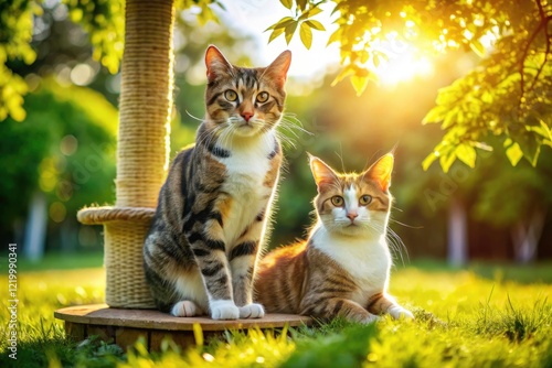 Adorable Cats Relaxing on Grass Near Cat Tree - Cute Kitten Photoshoot photo