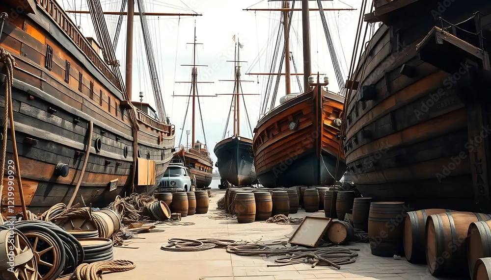 Obraz premium Wooden sailing ships docked at a wharf with barrels and ropes