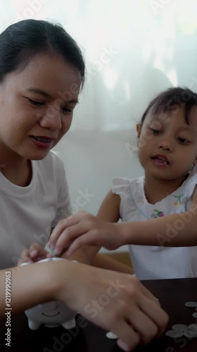 A woman and a child are putting coins into a piggy bank. The woman is teaching the child about saving money Repository for financial responsibility