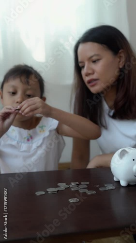 A woman and a child are putting coins into a piggy bank. The woman is teaching the child about saving money Repository for financial responsibility