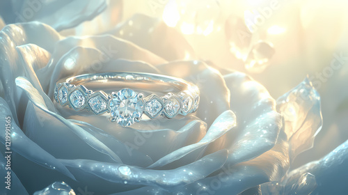 A serene image of a diamond eternity band resting on a white rose, symbolizing elegance and everlasting love. Eternal Dawn. Illustration
