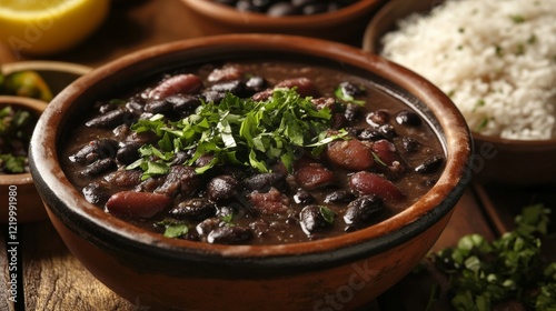 Traditional Brazilian feijoada with rice and black beans. Featuring a hearty and flavorful dish. Highlighting the texture and spices of the feijoada. Ideal for food and cultural themes.