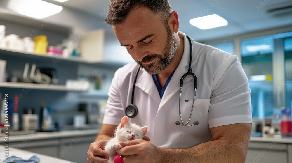 Fototapeta premium Vet examining kitten, clinic, checkup, healthcare