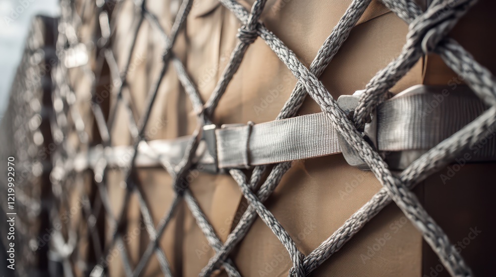 Detailed View of Air Cargo Secured with Straps and Nets for Safe Transportation in Aviation Logistics Detailed View of Air Cargo Secured with Straps and Nets for Safe Transportation in Aviation Logistics