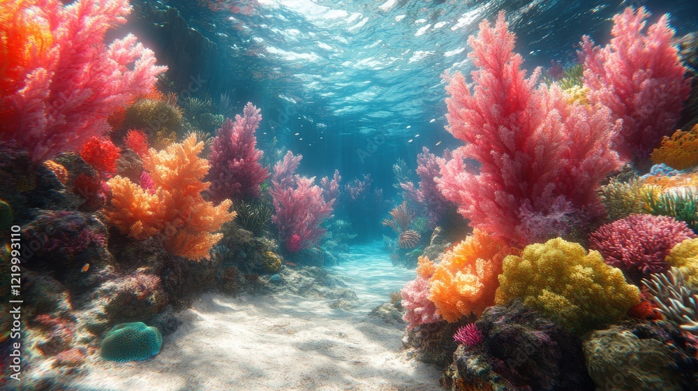 Fototapeta premium Vibrant Underwater Coral Reef Ecosystem with Bold Outlines - Photorealistic Marine Life Colors and Textures
