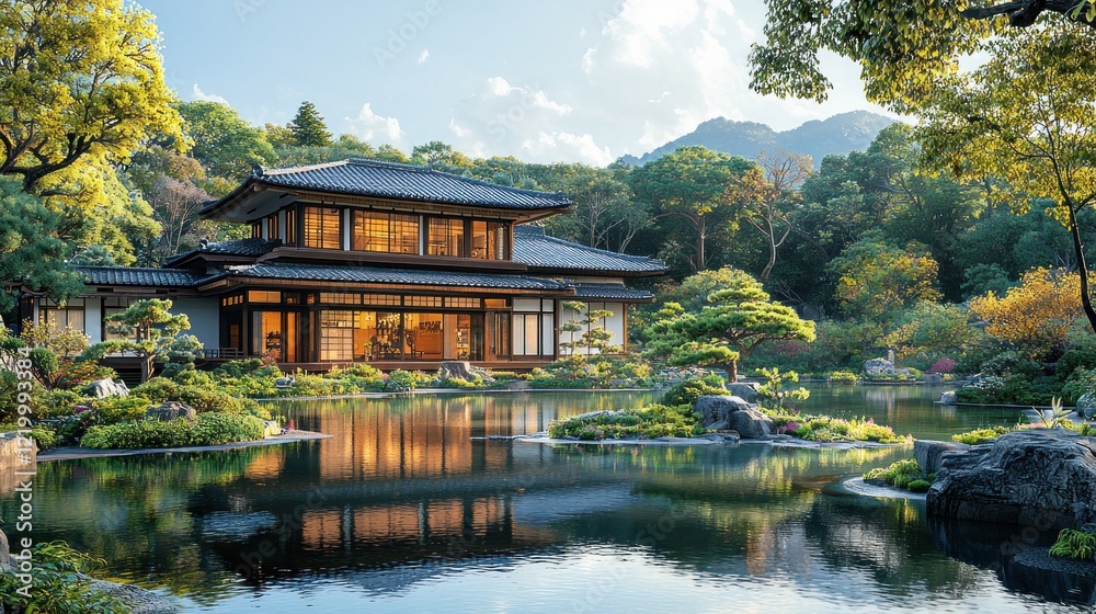 Fototapeta premium Serene Japanese Garden House with Mountain Views