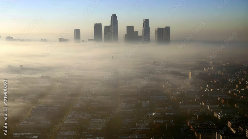 Fototapeta premium Foggy cityscape with a smoggy haze