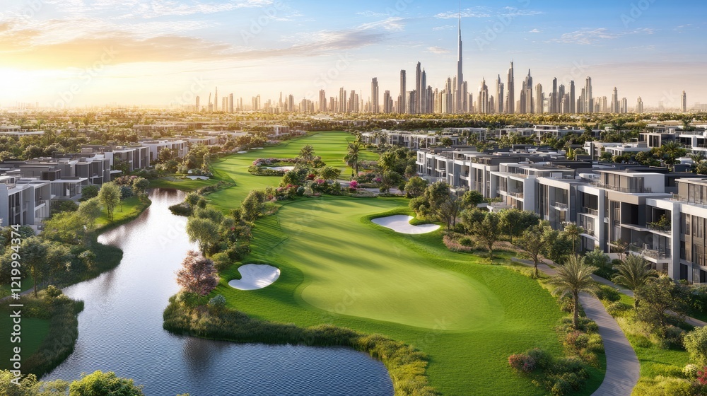 Naklejka premium Aerial shot of a golf course surrounded by premium residential properties.