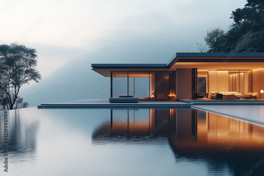 Fototapeta premium Modern Minimalist House with Infinity Pool and Mountain View