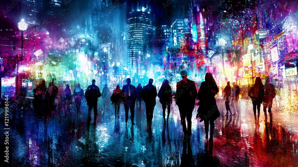 Obraz premium Vibrant Urban Night Scene with Silhouettes of People Walking Through Colorful City Lights and Reflections