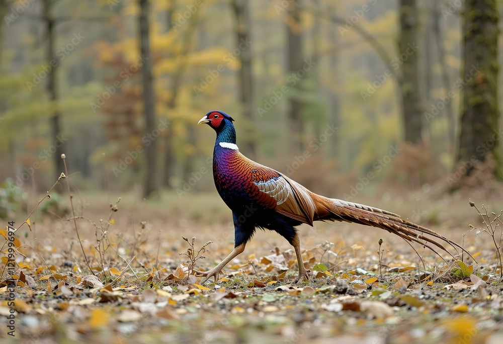 A male common pheasant struts through an autumnal woodland, its vibrant plumage contrasting with the fallen leaves. A male common pheasant struts through an autumnal woodland, its vibrant plumage contrasting with the fallen leaves.
