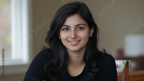 Free Download Portrait of a young, smiling woman with long dark hair, indoors, natural light.  She's wearing a black top. - GFXLoad