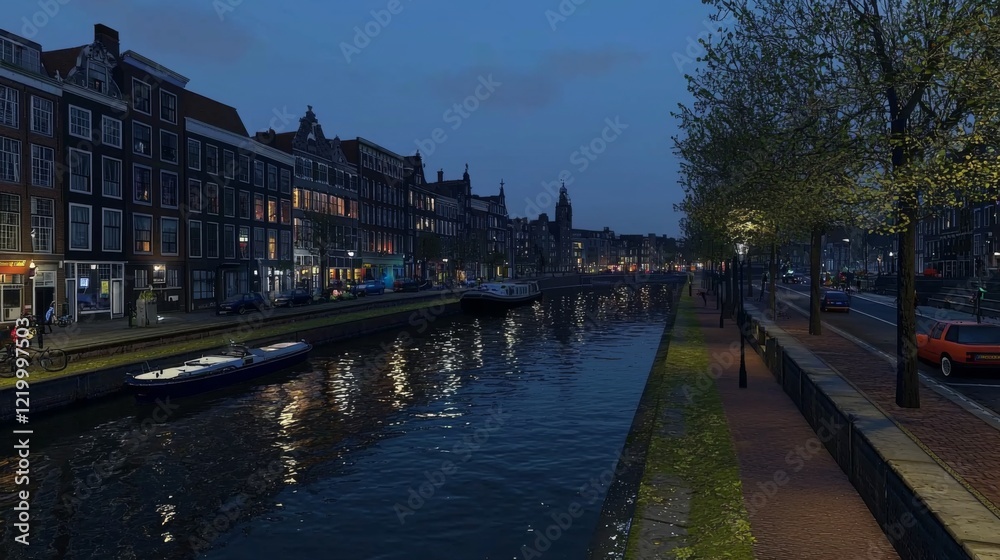 Obraz premium Nighttime Scene of a Serene Amsterdam Canal with Reflections from Historic Buildings and Soft Street Lights