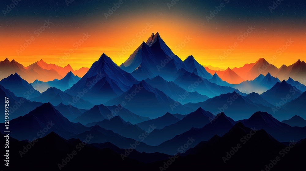 Fototapeta premium Majestic Mountain Range at Sunrise in Isometric Perspective with Bold Outlines