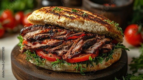 Grilled pulled pork sandwich, tomatoes, herbs, kitchen setting, food photography photo