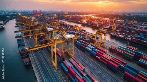 Aerial View of a Busy Cargo Port at Sunset