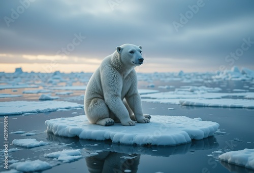 A lone polar bear sits majestically on a small ice floe in the arctic ocean, surrounded by snow and ice.