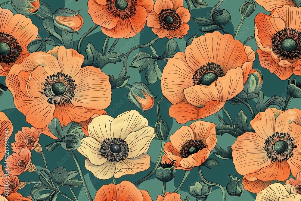 custom made wallpaper toronto digitalVibrant orange and cream anemones arranged in a repeating pattern against a teal backdrop. A close-up view of the detailed floral design.