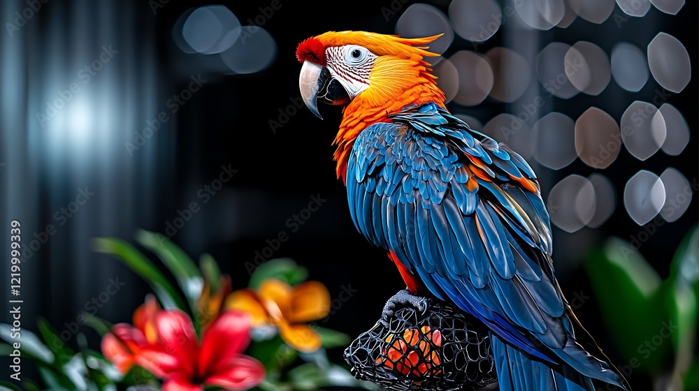 Obraz premium Colorful Macaw Parrot Perched on Stand, Tropical Flowers Background