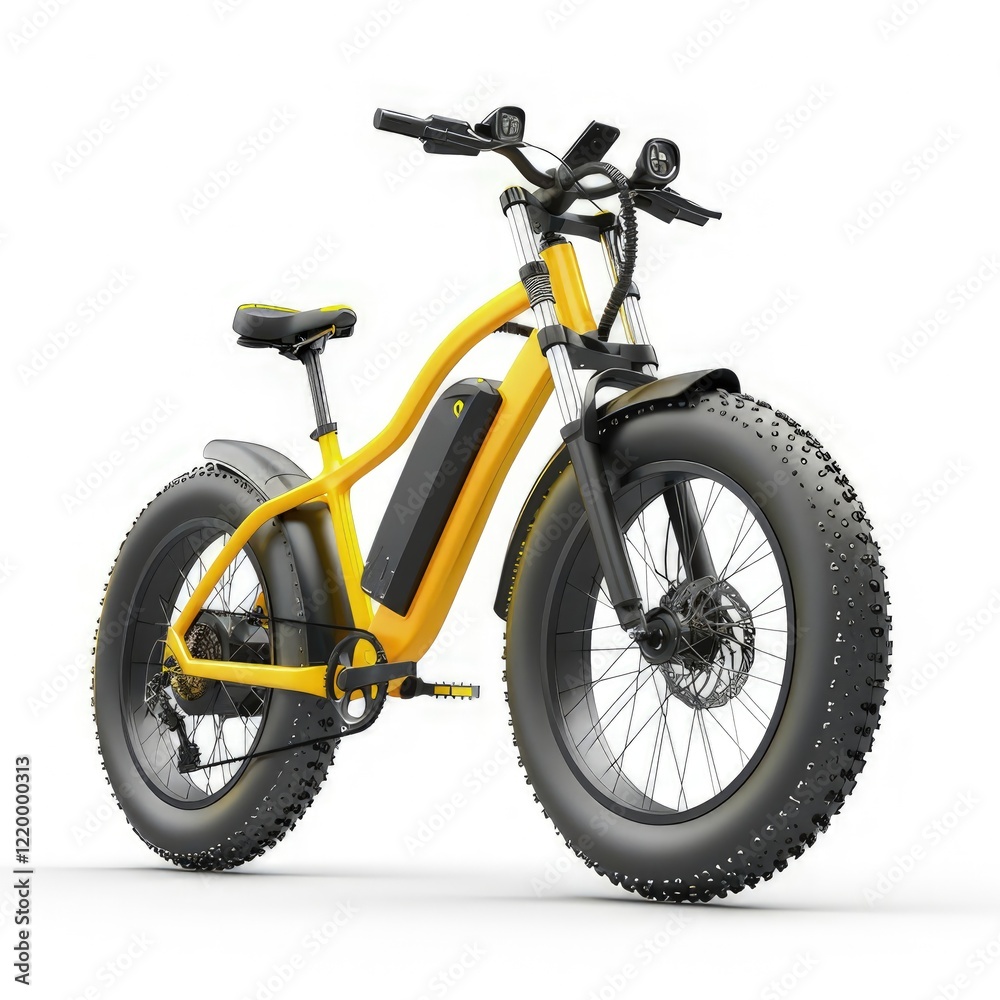 A yellow electric bike designed for leisure and transportation with fat tires for stability. isolated on white background A yellow electric bike designed for leisure and transportation with fat tires for stability. isolated on white background